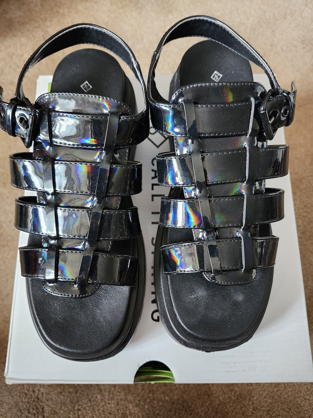 Call It Spring Black Holographic Strappy Sandals
